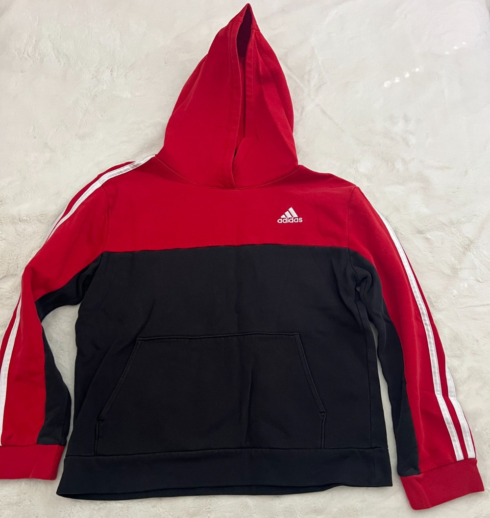 Adidas Kids Large 14/16 Hoodie Red Black Pullover Sweatshirt 3 Stripe Unisex Top